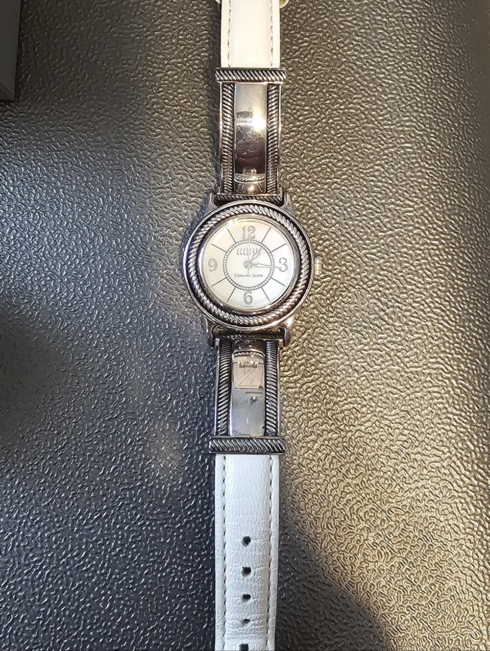VTG Ecclissi Sterling Silver 925 Mother Of Pearl Rope Bezel Watch White Leather